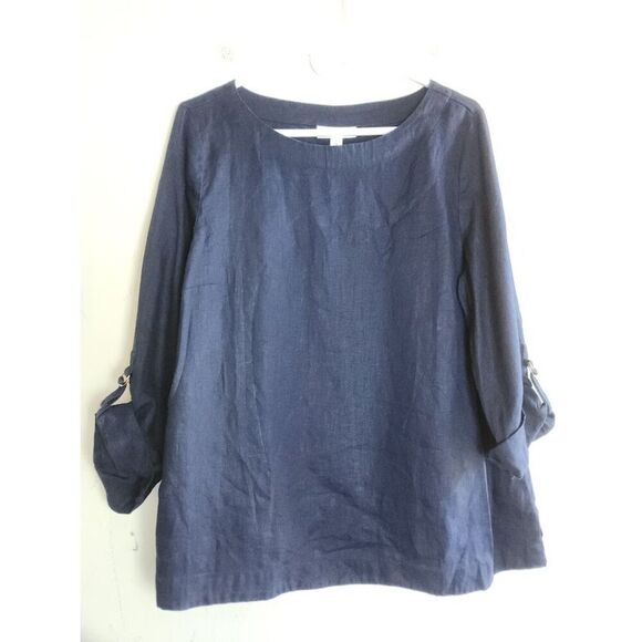 Charter Club Luxury Dark Blue Boxy 100% Linen Roll Tab Sleeves Blouse size Large - Picture 1 of 7